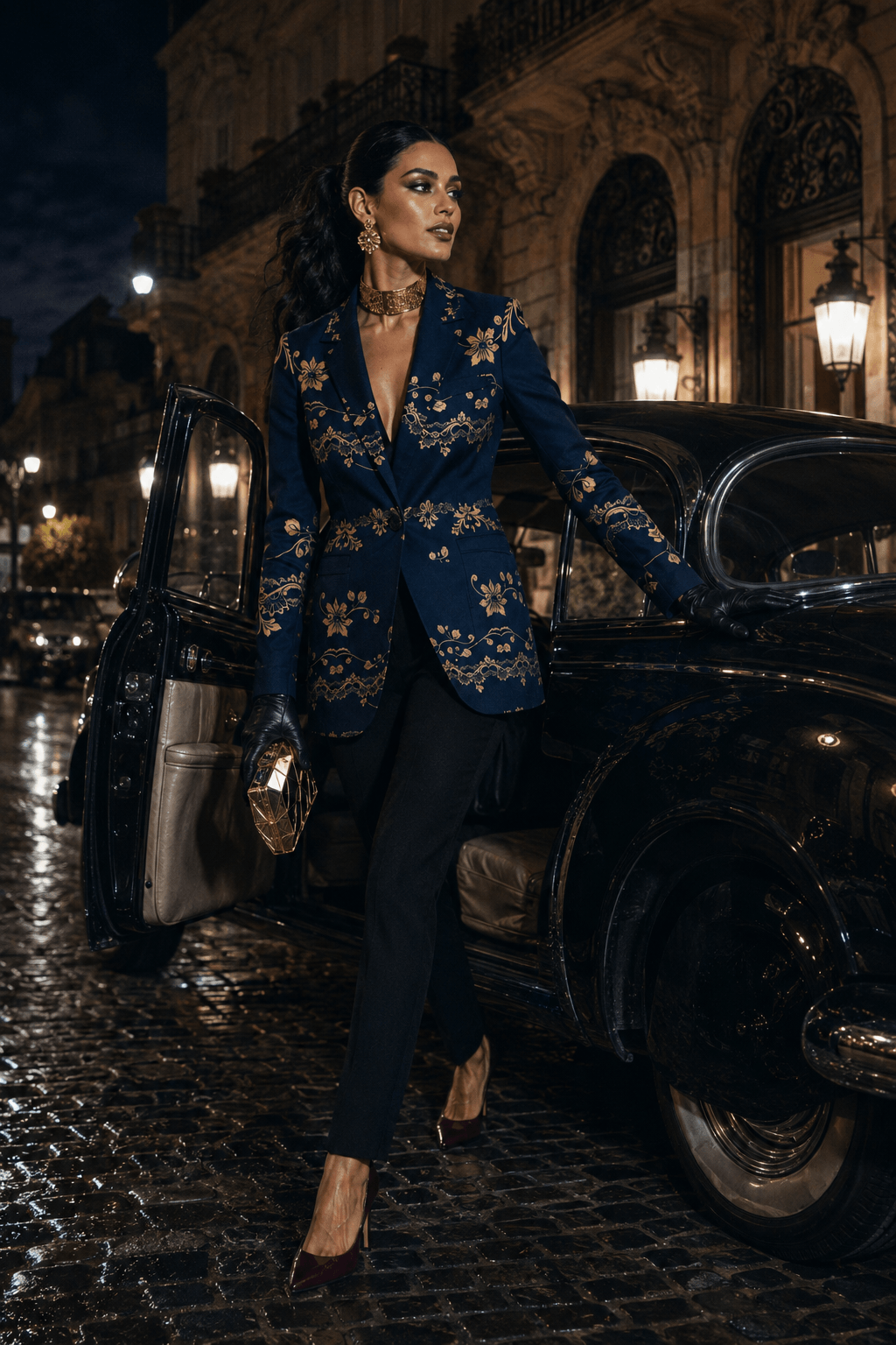 A woman stands beside a vintage black car on a cobblestone street at night, wearing a navy blue blazer with ornate gold floral embroidery, black pants, and burgundy heels.