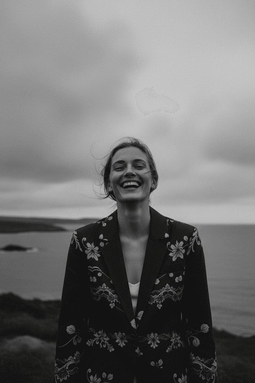Woman wearing women's navy gold floral baroque blazer standing outdoors near a body of water
