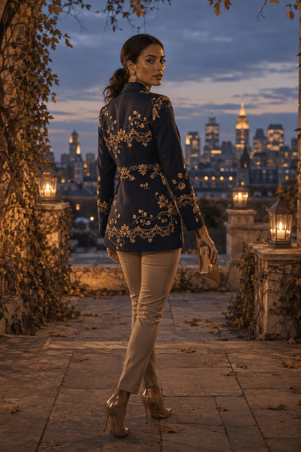 A woman stands on an outdoor stone walkway at dusk, wearing a navy blue embroidered blazer with gold floral detailing, beige pants, and metallic high heels, with a city skyline in the background.