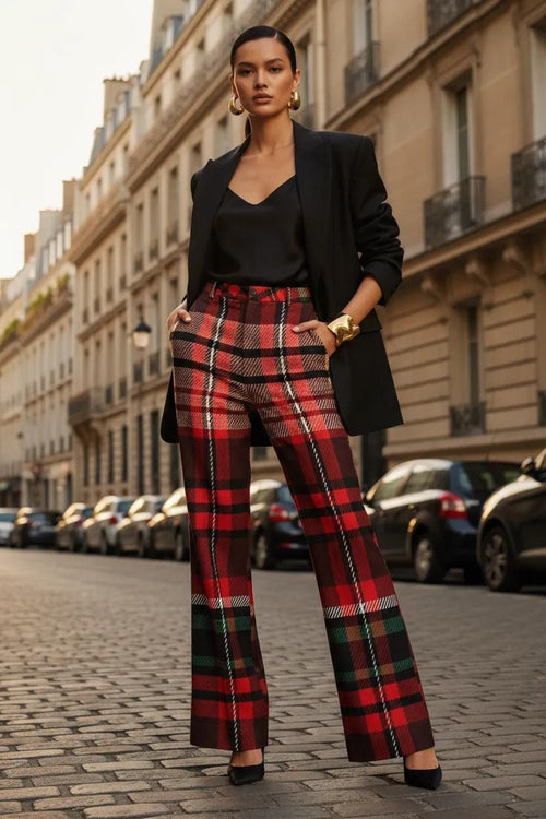 Women's red green tartan wide leg trousers stylish office wear