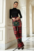 women's red green tartan wide leg trousers high waist elegant fit
