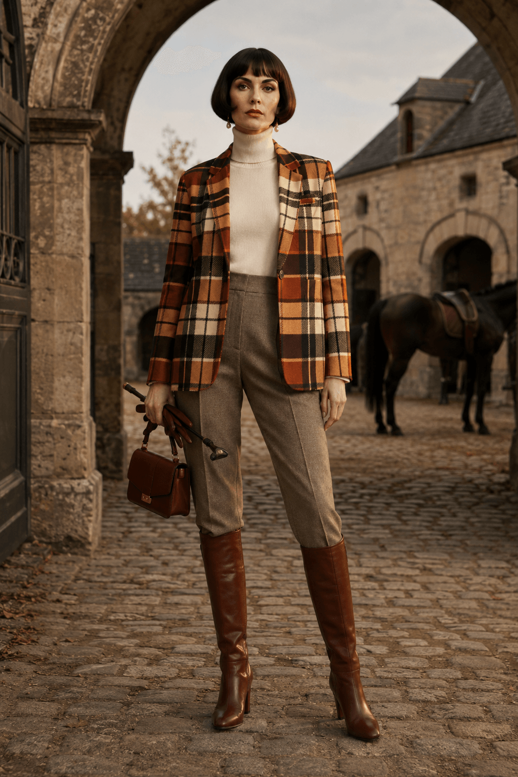 Luxury women’s tartan blazer in warm brown, rust, cream and black tones styled in a 1920s inspired English aristocratic estate editorial, featuring a crisp structured fit and sophisticated heritage fashion styling.