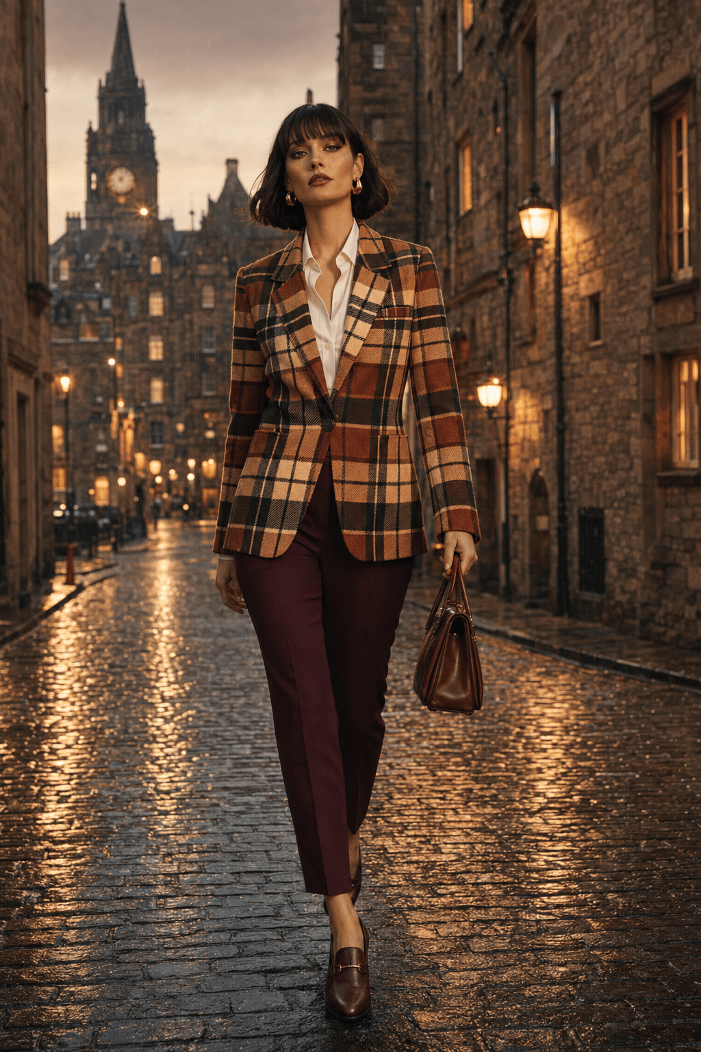 Luxury women’s tartan blazer in warm brown, rust, cream and black tones styled in a 1920s inspired English aristocratic estate editorial, featuring a crisp structured fit and sophisticated heritage fashion styling.
