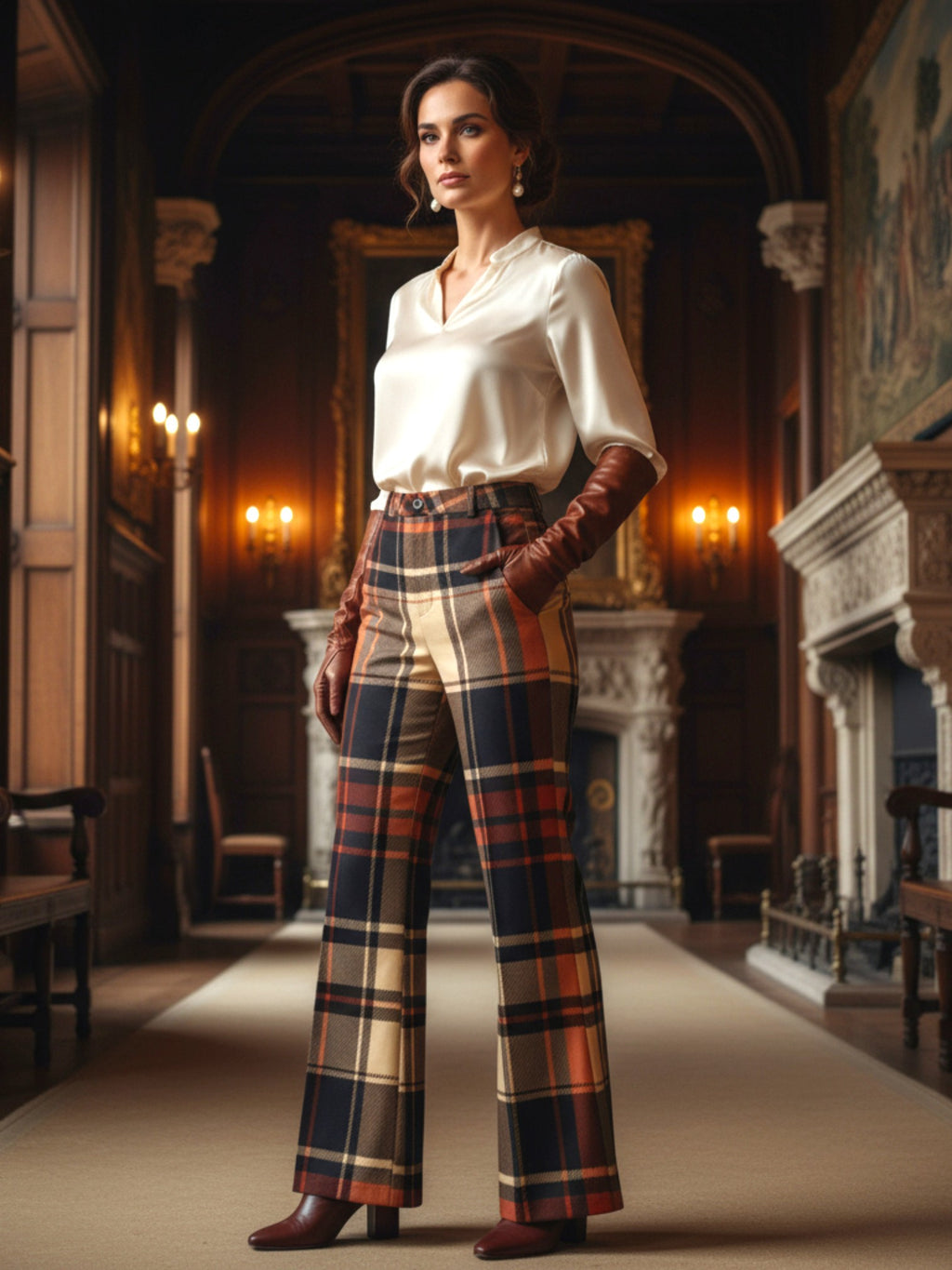 Woman wearing women’s wide leg high waist tartan trousers in a vintage elegant room