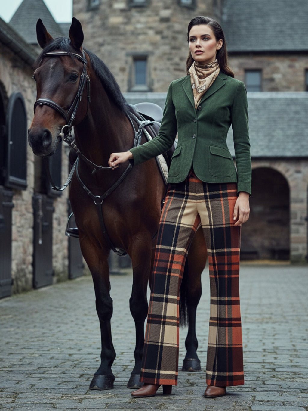 Women’s wide leg high waist tartan trousers styled with green blazer and scarf by Angelic Blessings Shop