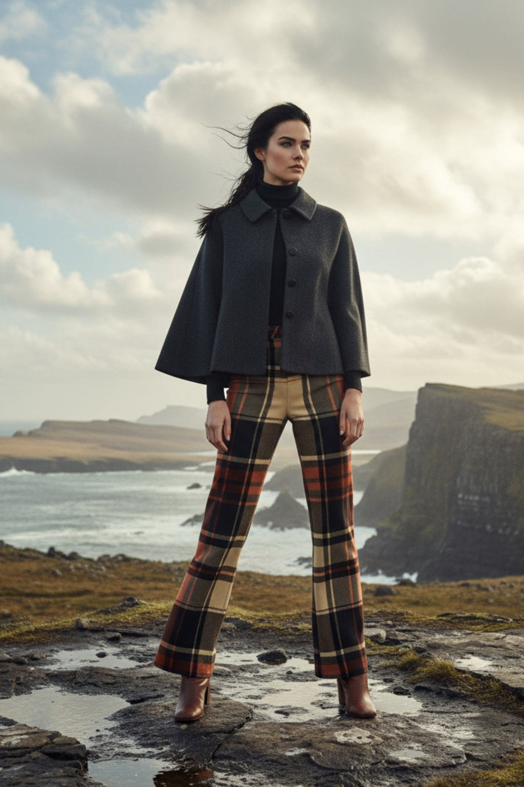 Women’s wide leg high waist tartan trousers styled with a black cape jacket on a rocky coastal landscape