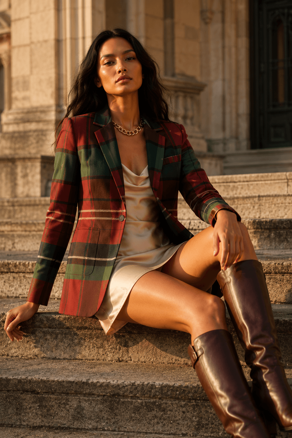 Detailed shot of high-density, wrinkle-resistant premium fabric on a burgundy and green tailored tartan blazer.