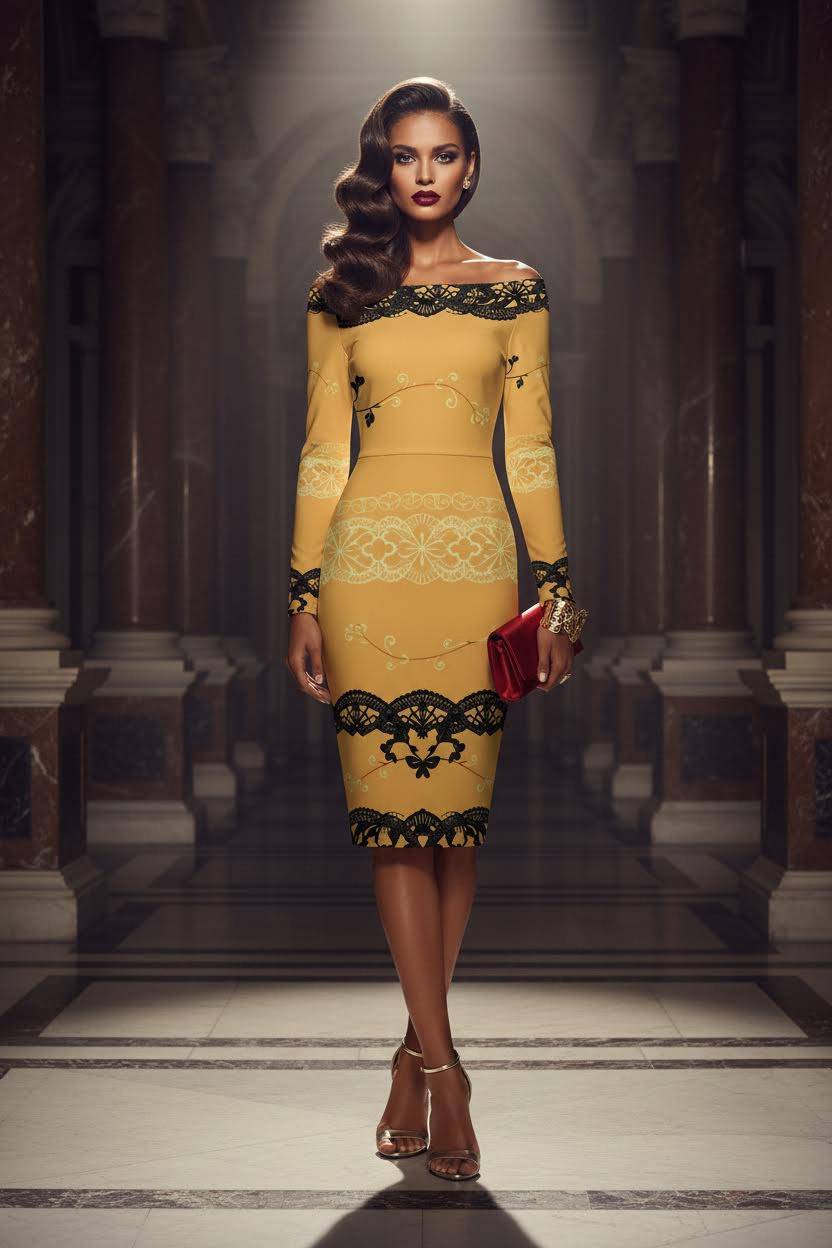Luxury Evening Dress and bodycon dress by Angelic Blessings Shop in mustard yellow with black lace detailing