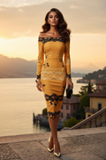 Angelic Blessings Shop luxury evening and bodycon dress in Mustard with black lace accents