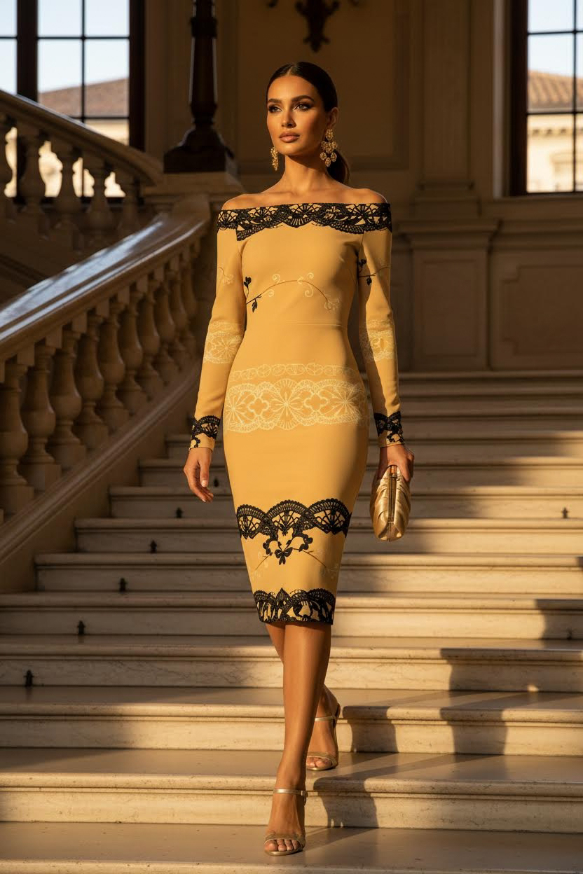 Luxury Evening Dress and bodycon dress in golden yellow with black lace details by Angelic Blessings Shop