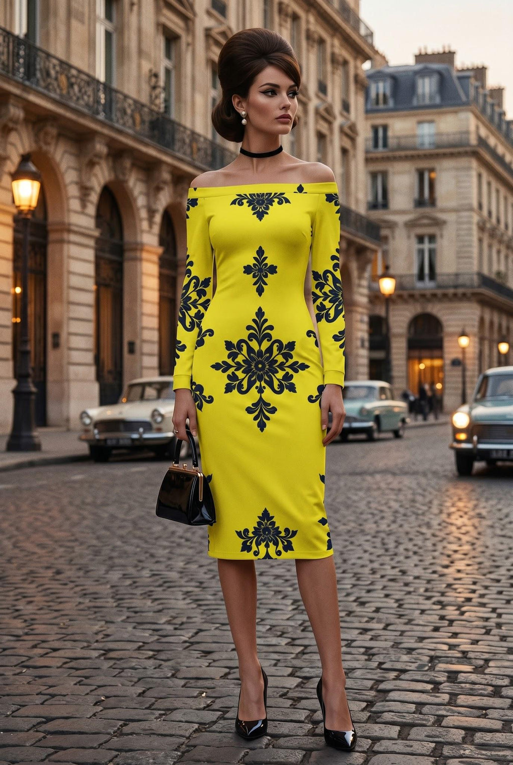 Yellow-Black Baroque floral dress Elegant evening outfit Stylish floral pattern