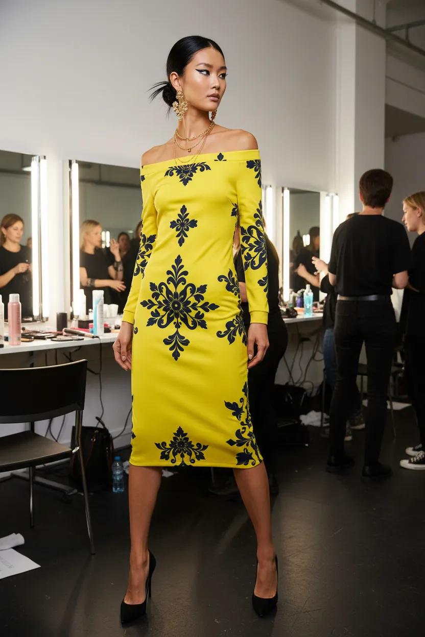 Yellow-Black Baroque Floral Dress Elegant Off Shoulder Evening Outfit