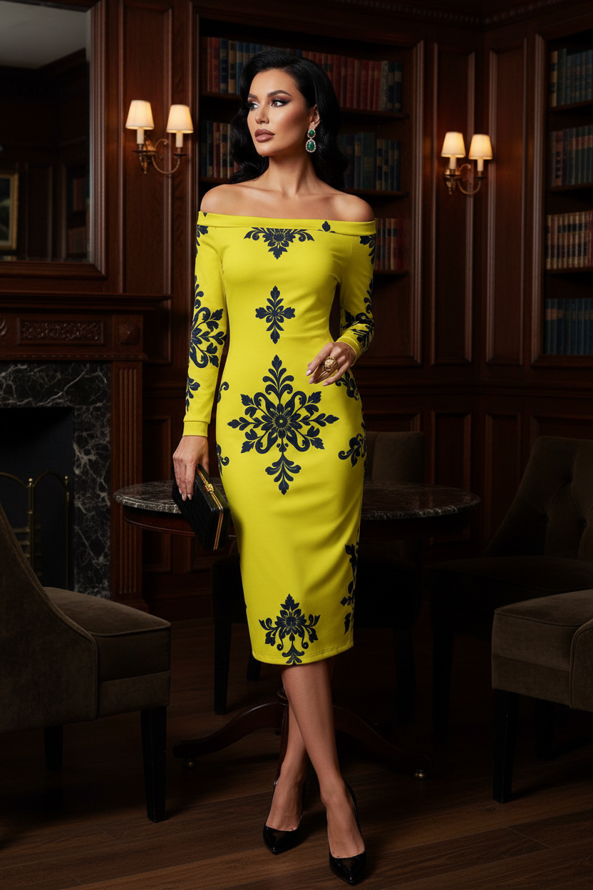 Yellow-Black Baroque Floral Dress Elegant Evening Outfit Stylish Long Sleeve