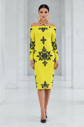 Yellow-Black Baroque Floral Dress Elegant Evening Outfit Long Sleeve Midi