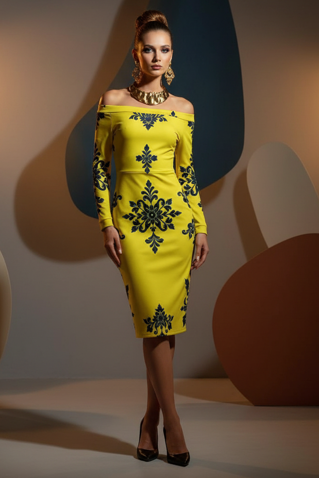 Yellow-Black Baroque Floral Dress Elegant Evening Off Shoulder Outfit