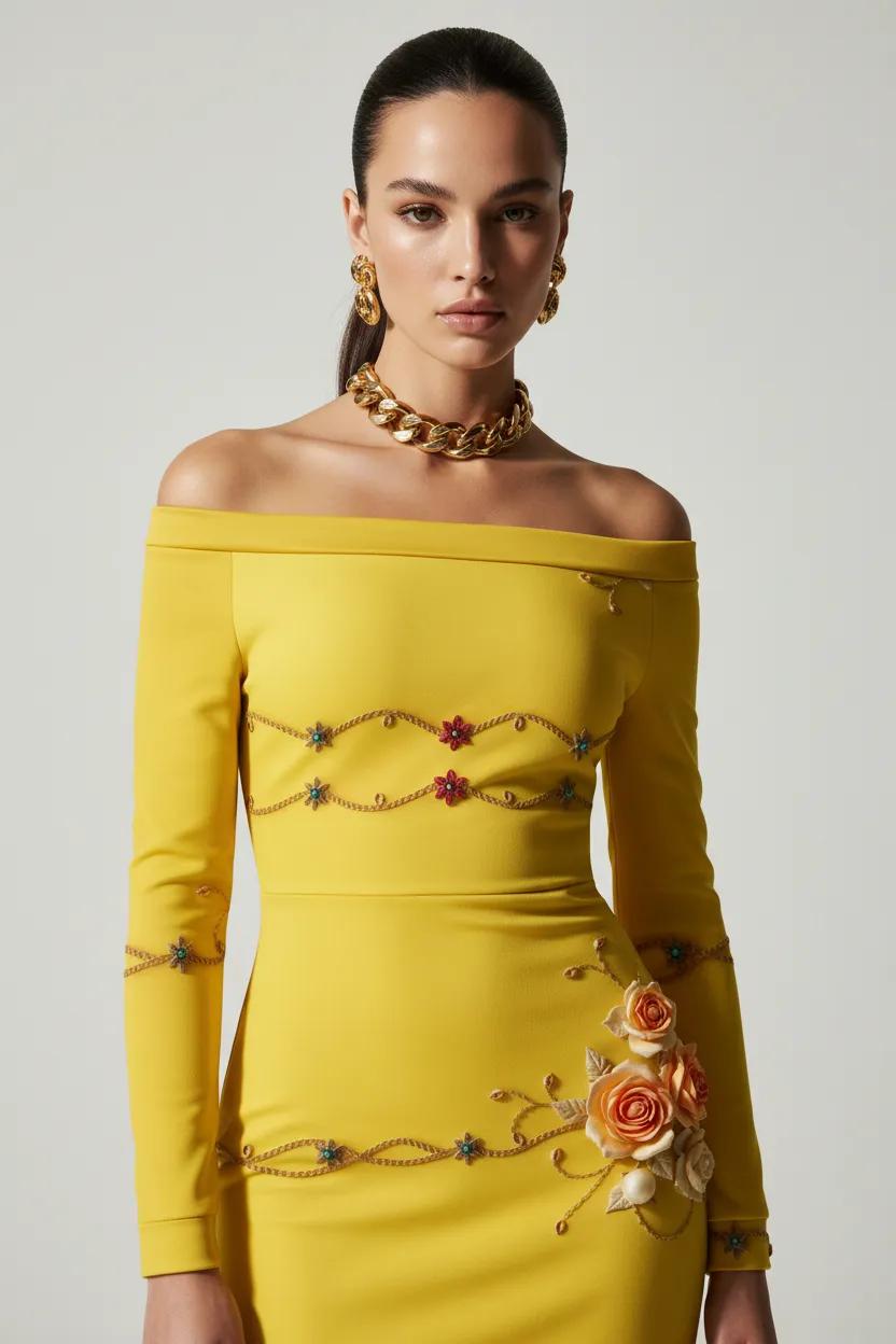 Yellow Rose Gold Baroque Off Shoulder Bodycon Dress Elegant Evening Outfit