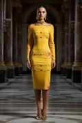 Yellow Rose Gold Baroque Off Shoulder bodycon dress elegant evening outfit midi length