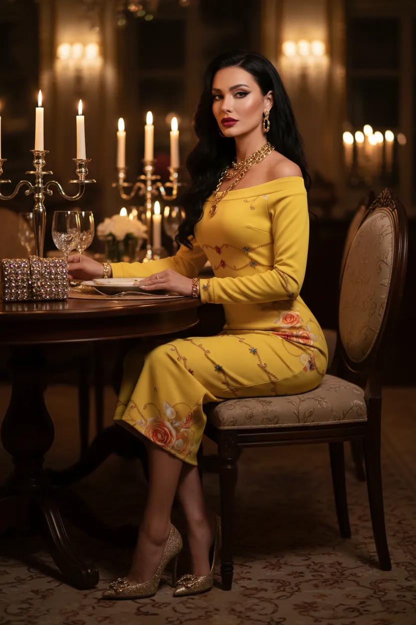 Yellow Rose Gold Baroque Off Shoulder bodycon dress elegant evening outfit with floral design