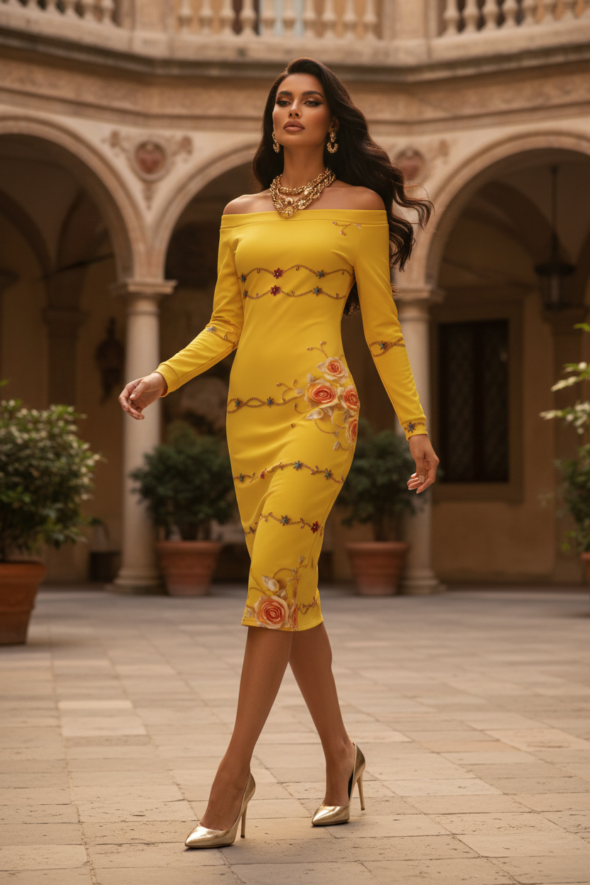 Yellow Rose Gold Baroque Off Shoulder Bodycon Dress Elegant Evening Outfit with Floral Design